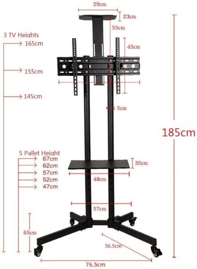 كن واحدًا Moible تلفزيون جبل وقف عربة مع عجلات, تلفزيون وقف عربة جوال, ارتفاع قابل للتعديل تلفزيون وقف جبل ل 32 "-65" HDR وشاشات تلفزيون LCD, أسود,1500 - Image 4