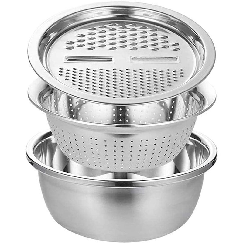 Drumil Kitchen Multipurpose Grate Bowl with Drain Colander Grater Mesh Basket 3 in 1 Stainless Steel Basin Vegetable and Fruit Washing Bowl Strainer Cutter Salad Maker Set - Image 1