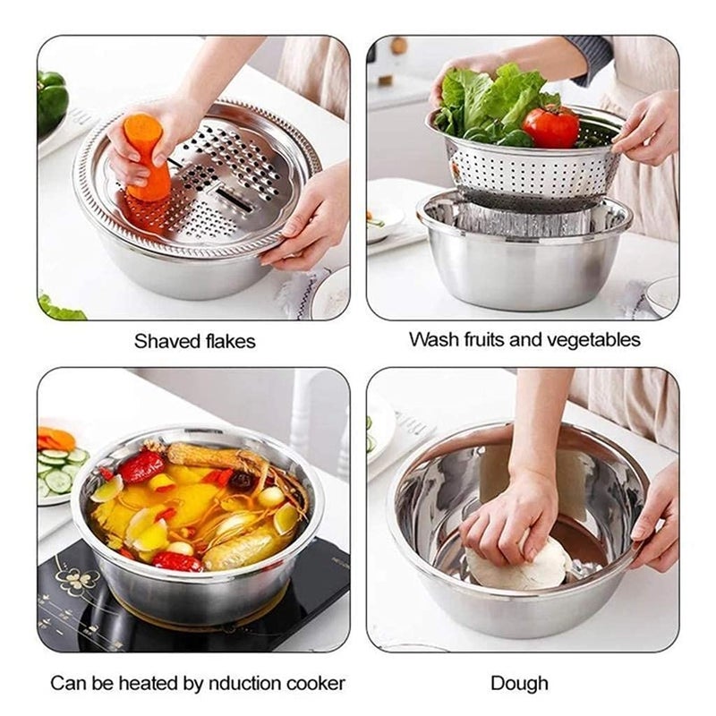 Drumil Kitchen Multipurpose Grate Bowl with Drain Colander Grater Mesh Basket 3 in 1 Stainless Steel Basin Vegetable and Fruit Washing Bowl Strainer Cutter Salad Maker Set - Image 5