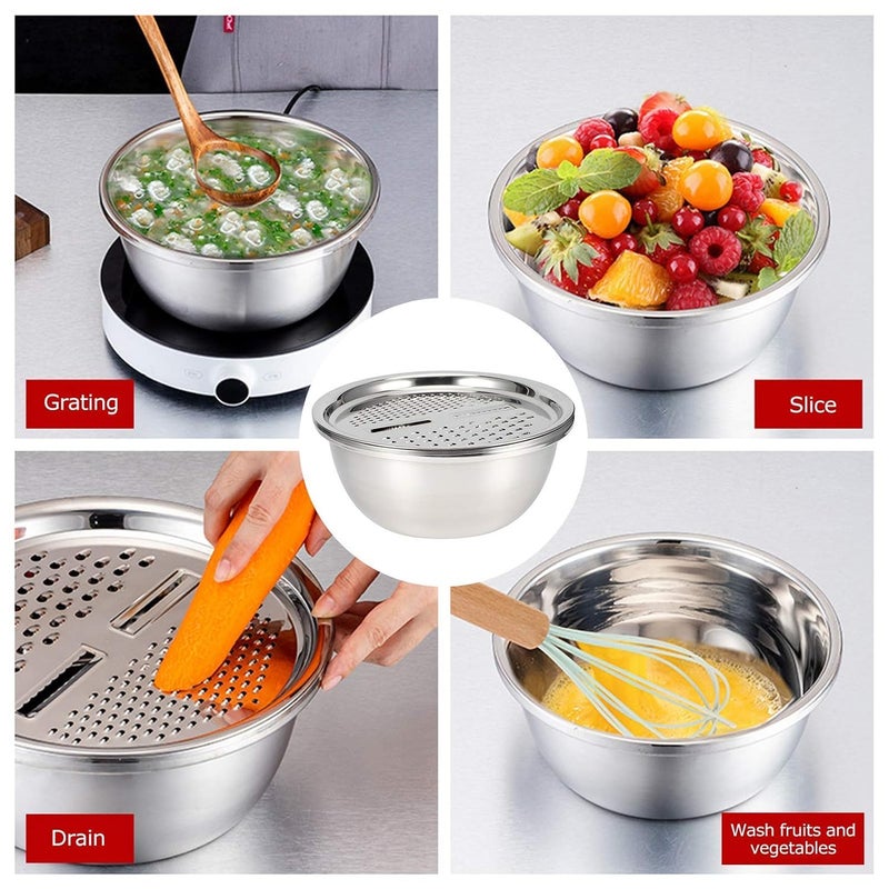 Drumil Kitchen Multipurpose Grate Bowl with Drain Colander Grater Mesh Basket 3 in 1 Stainless Steel Basin Vegetable and Fruit Washing Bowl Strainer Cutter Salad Maker Set - Image 3