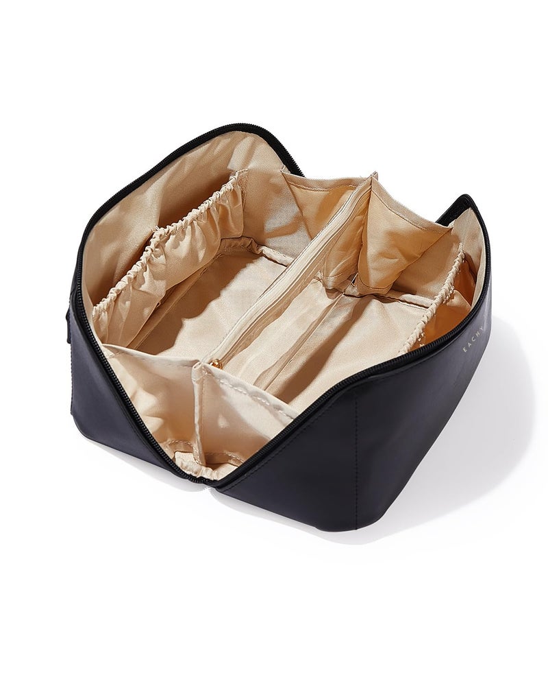 EACHY Travel Makeup Bag,Large Capacity Cosmetic Bags for Women,Waterproof Portable Pouch Open Flat Toiletry Bag Make up Bag with Divider and Handle, Gifts for Women (Black, Medium) - Image 1