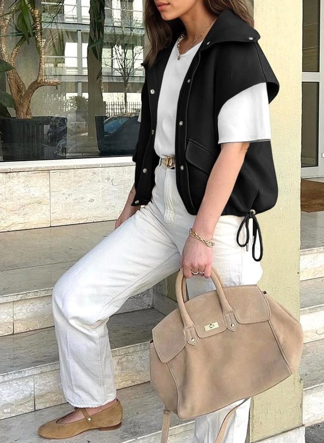 Cicy Bell Womens Fall Oversized Vest Cropped Button Down Cap Sleeve Lapel Collar Jackets Casual Drawstring Outerwear, Black, L - Image 5