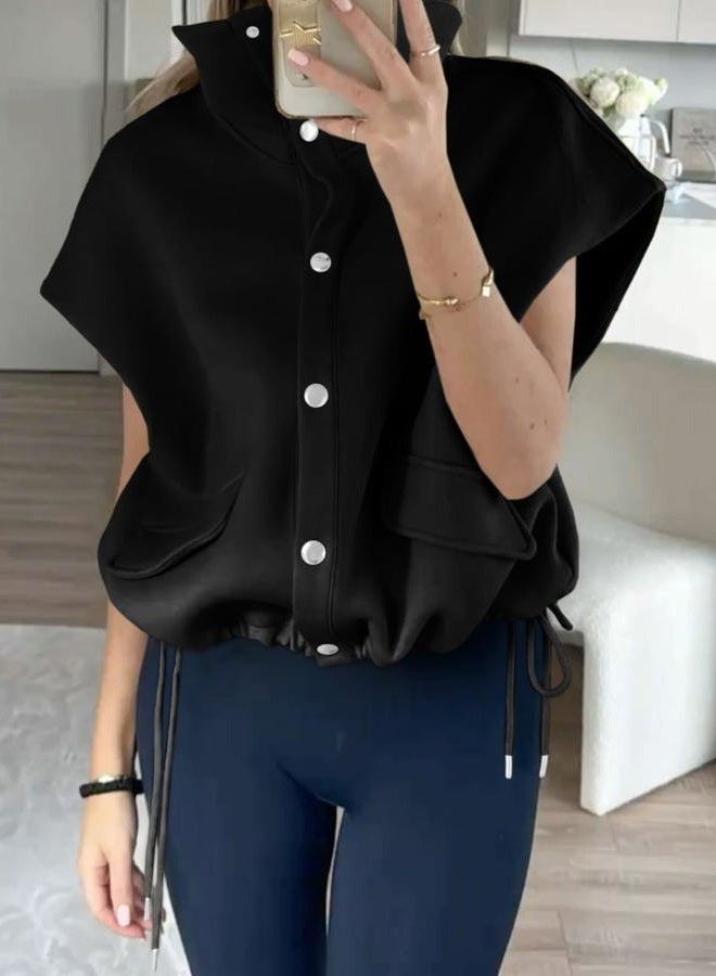 Cicy Bell Womens Fall Oversized Vest Cropped Button Down Cap Sleeve Lapel Collar Jackets Casual Drawstring Outerwear, Black, L - Image 4