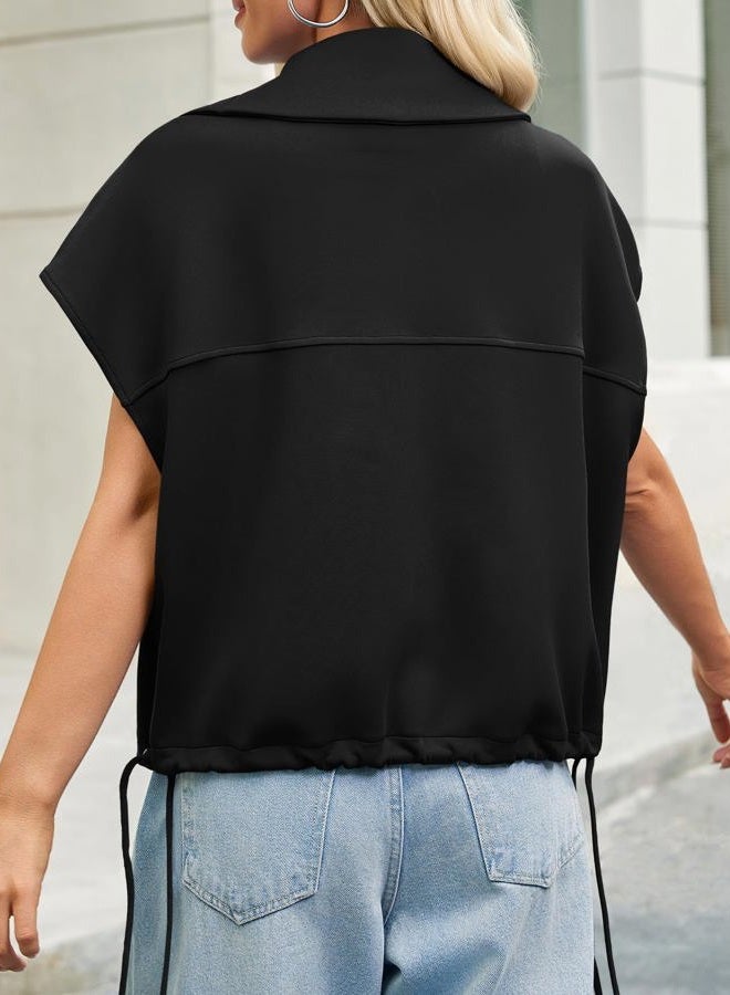 Cicy Bell Womens Fall Oversized Vest Cropped Button Down Cap Sleeve Lapel Collar Jackets Casual Drawstring Outerwear, Black, L - Image 3