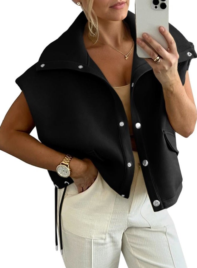 Cicy Bell Womens Fall Oversized Vest Cropped Button Down Cap Sleeve Lapel Collar Jackets Casual Drawstring Outerwear, Black, L - Image 1