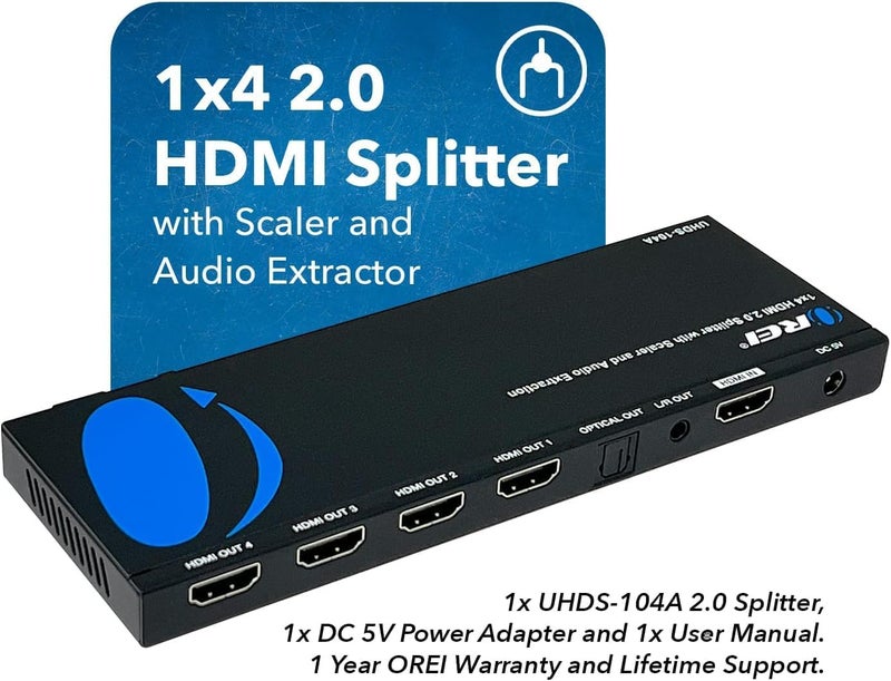 OREI 1x4 2.0 HDMI Splitter with Scaler Audio Extractor 4 Ports with Full Ultra HDCP 2.4K at 60Hz & 3D Supports EDID Control - UHDS-104A - Image 2