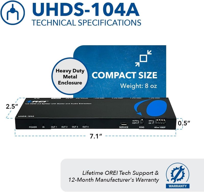OREI 1x4 2.0 HDMI Splitter with Scaler Audio Extractor 4 Ports with Full Ultra HDCP 2.4K at 60Hz & 3D Supports EDID Control - UHDS-104A - Image 5
