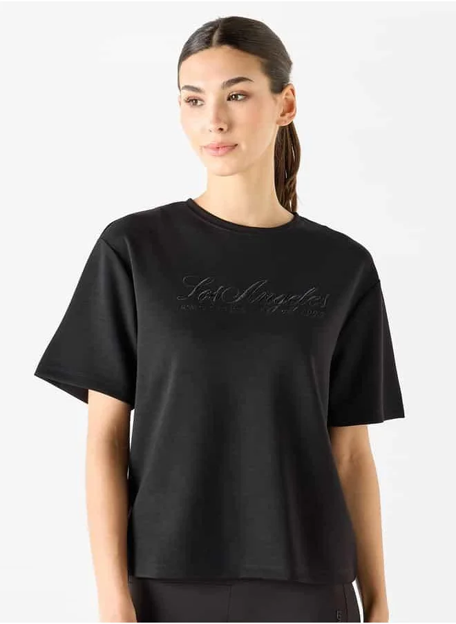 ADOT Embroidered T-shirt with Short Sleeves and Crew Neck