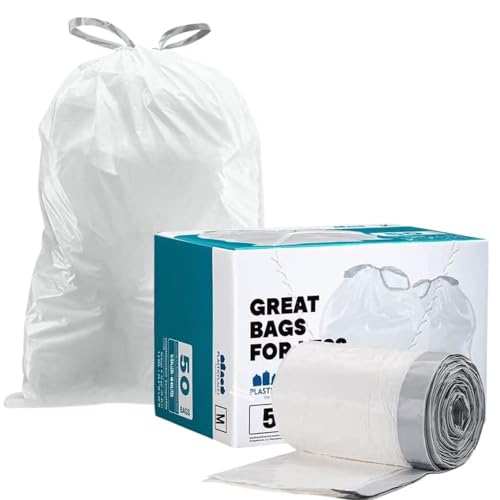 Plasticplace Custom Fit Trash Bags, Compatible with simplehuman Code M (50 Count) White Drawstring Garbage Liners 12 Gallon / 45 Liters, 21" x 30.5" - Image 1
