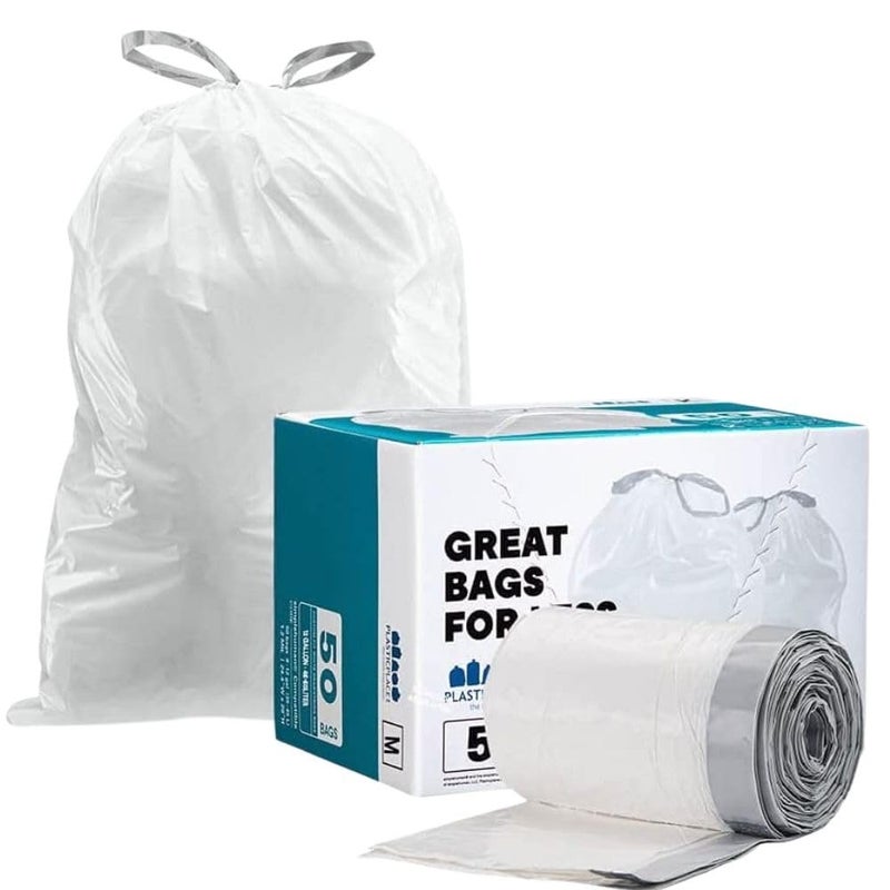 Plasticplace Custom Fit Trash Bags, Compatible with simplehuman Code M (50 Count) White Drawstring Garbage Liners 12 Gallon / 45 Liters, 21" x 30.5" - Image 3