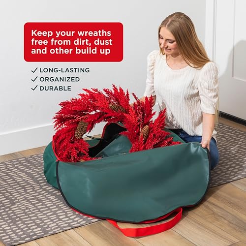 HOLDN’ STORAGE Premium Wreath Storage Bag - Durable Material - Waterproof - Heavy-duty Christmas Storage Container for Xmas Wreath with Dual Zipper Closure, Tear-proof, 30"W x 7.5"D - Green - Image 2
