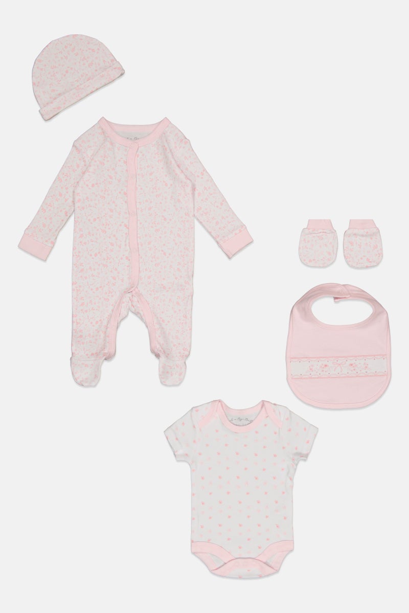 Rock-A-Bye Baby Boutique Toddlers Girl 5 Pcs Floral Print Bodysuit, Bib, Beanie, Gloves and Coverall Set, Multicolor  - Image 2