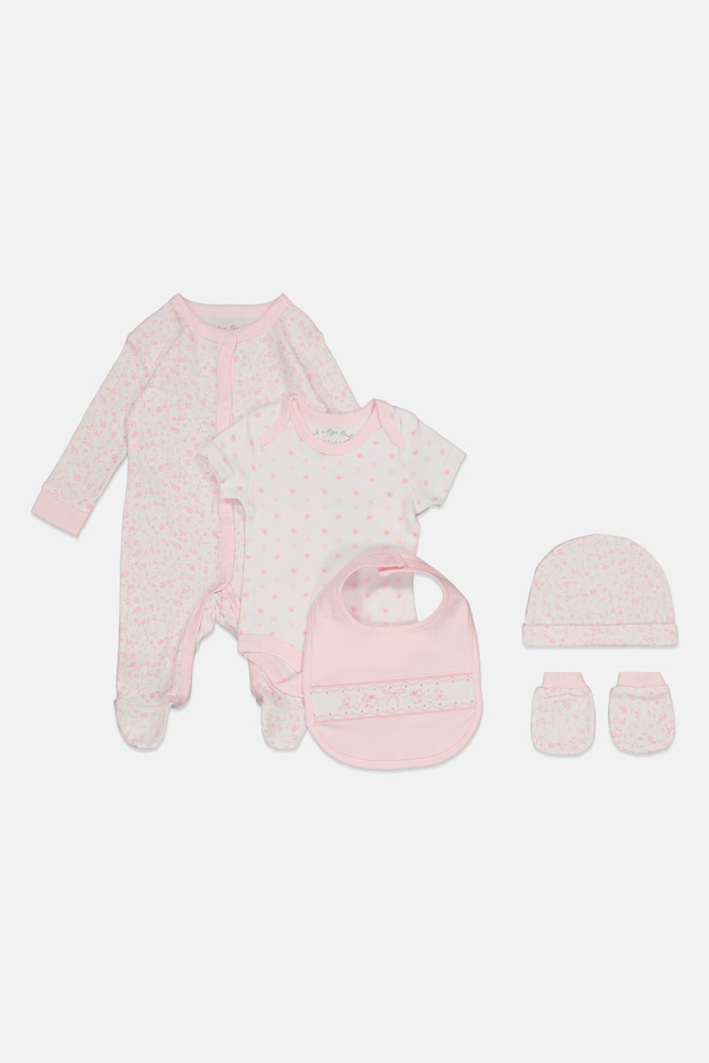 Rock-A-Bye Baby Boutique Toddlers Girl 5 Pcs Floral Print Bodysuit, Bib, Beanie, Gloves and Coverall Set, Multicolor  - Image 1