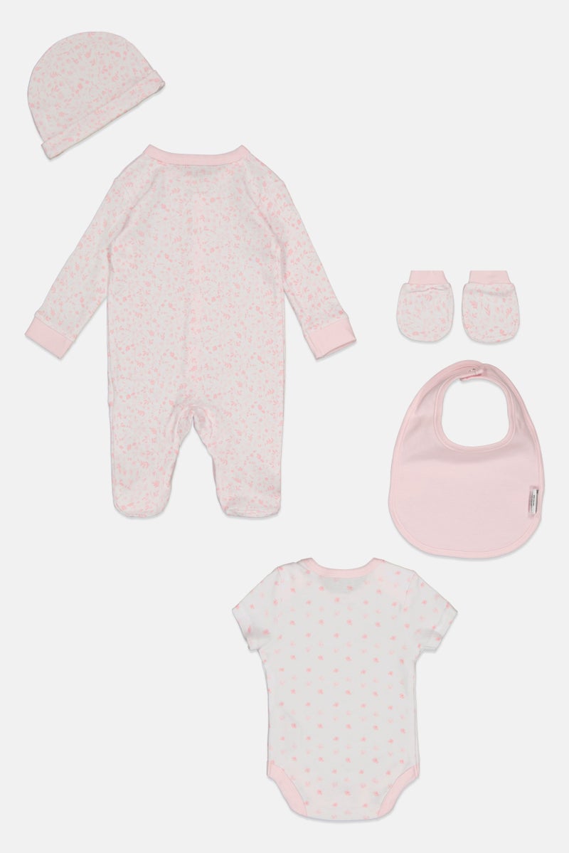 Rock-A-Bye Baby Boutique Toddlers Girl 5 Pcs Floral Print Bodysuit, Bib, Beanie, Gloves and Coverall Set, Multicolor  - Image 3