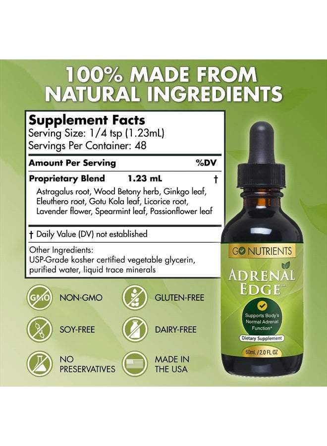 Go Nutrients Adrenal Edge - Energy & Fatigue Supplement Cortisol Manager Liquid Drops Non-GMO, Gluten Free, 9 Powerhouse Herbs Keep Body's Adrenal Function Supplement for Men & Women - 60 ml (2.0 oz) - Image 2