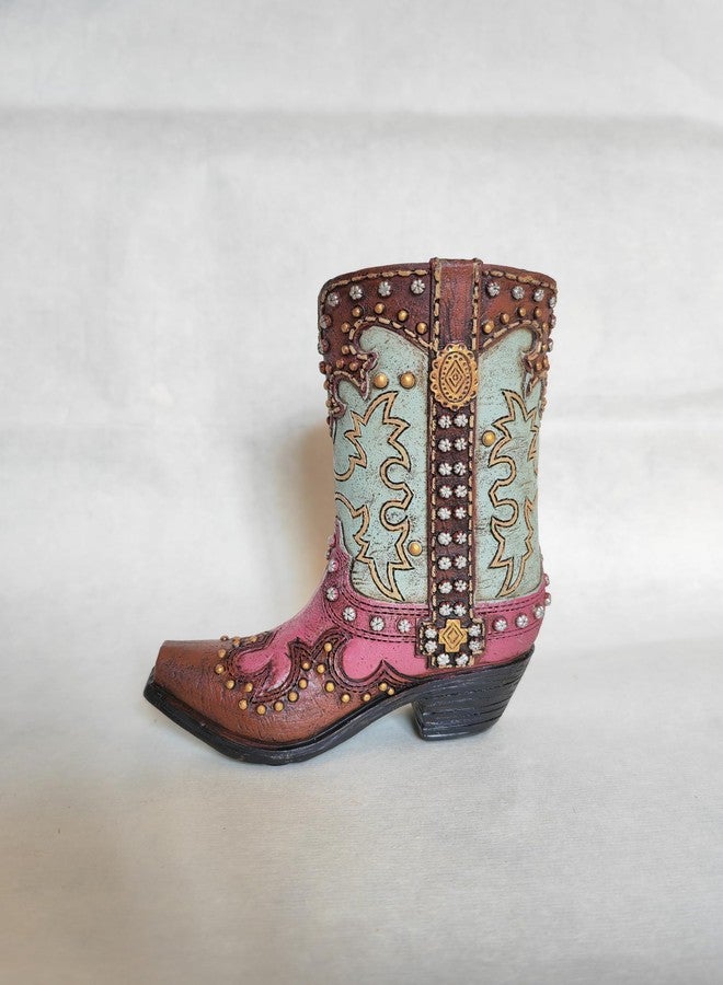 Eagrafts Rustic Decorative Western Cowboy Boot Pencil Pen Holder Vase Caddy Office Decoration (Turquoise and Pink with Rhinestone Studs) - Image 1