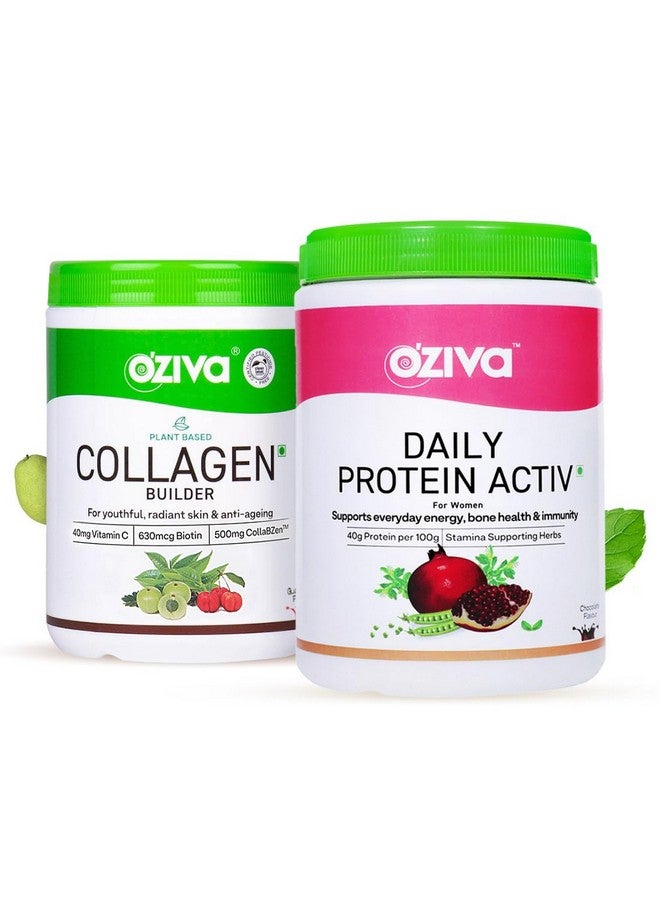OZiva Vegan Collagen (Guava Glow) with Biotin & Vitamin C For Brighter & Youthful Skin 250g and OZiva Daily Protein Activ for Women 300g (Chocolate) - Image 1
