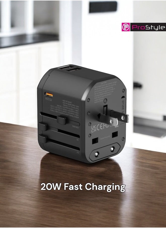 Prostyle 20W Universal Travel Adapter with Multi Sockets, 2 USB and 1 Type C Ports compatible for More than 150 countries - Black  - Image 5