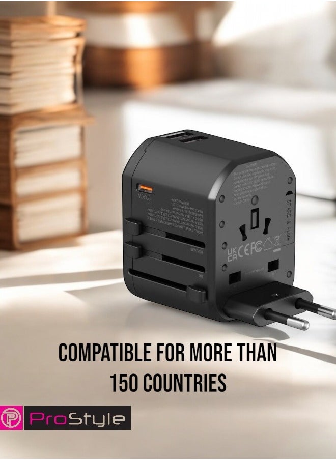 Prostyle 20W Universal Travel Adapter with Multi Sockets, 2 USB and 1 Type C Ports compatible for More than 150 countries - Black  - Image 3