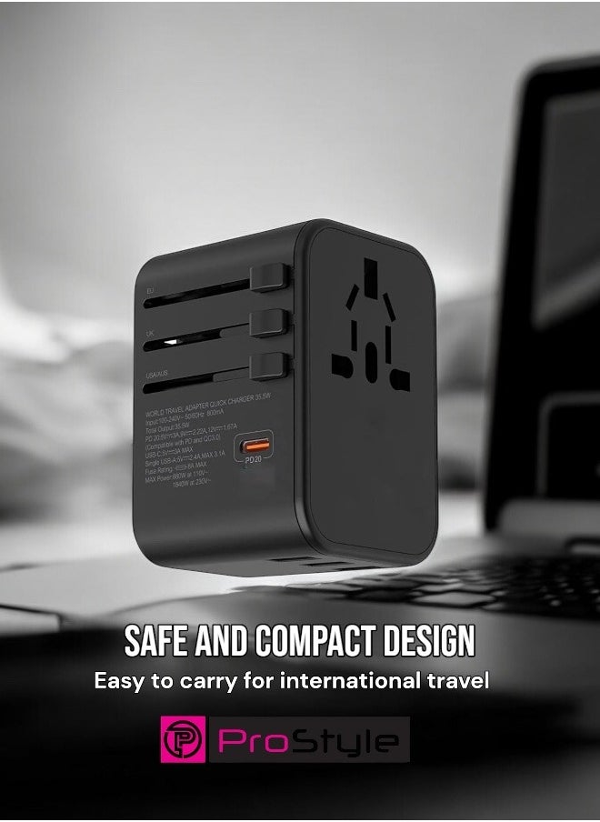 Prostyle 20W Universal Travel Adapter with Multi Sockets, 2 USB and 1 Type C Ports compatible for More than 150 countries - Black  - Image 4