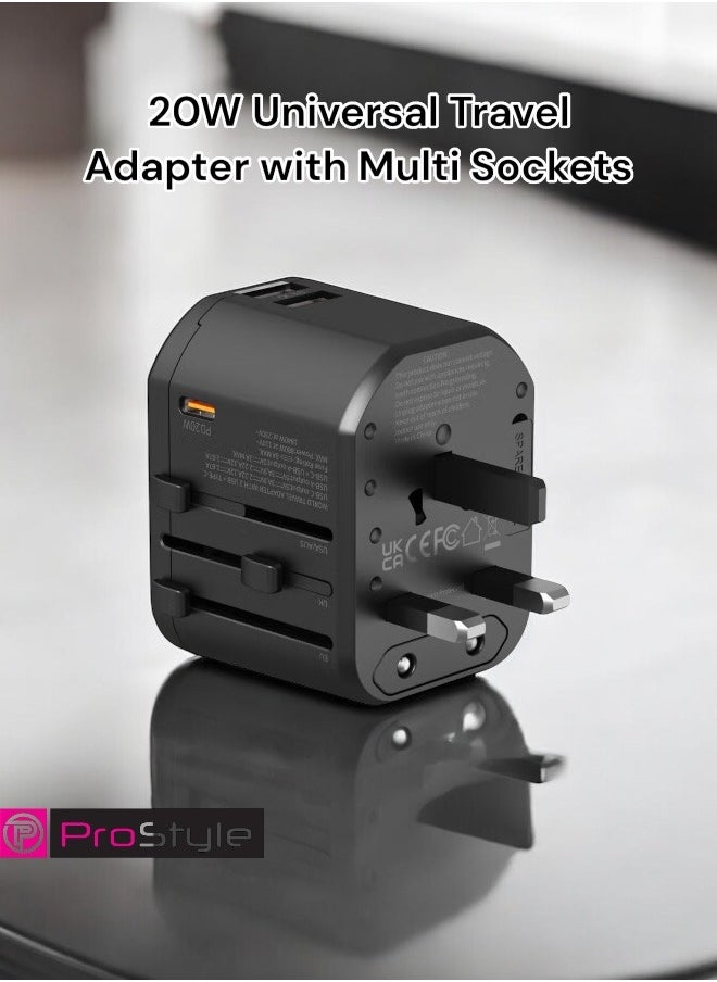 Prostyle 20W Universal Travel Adapter with Multi Sockets, 2 USB and 1 Type C Ports compatible for More than 150 countries - Black  - Image 2