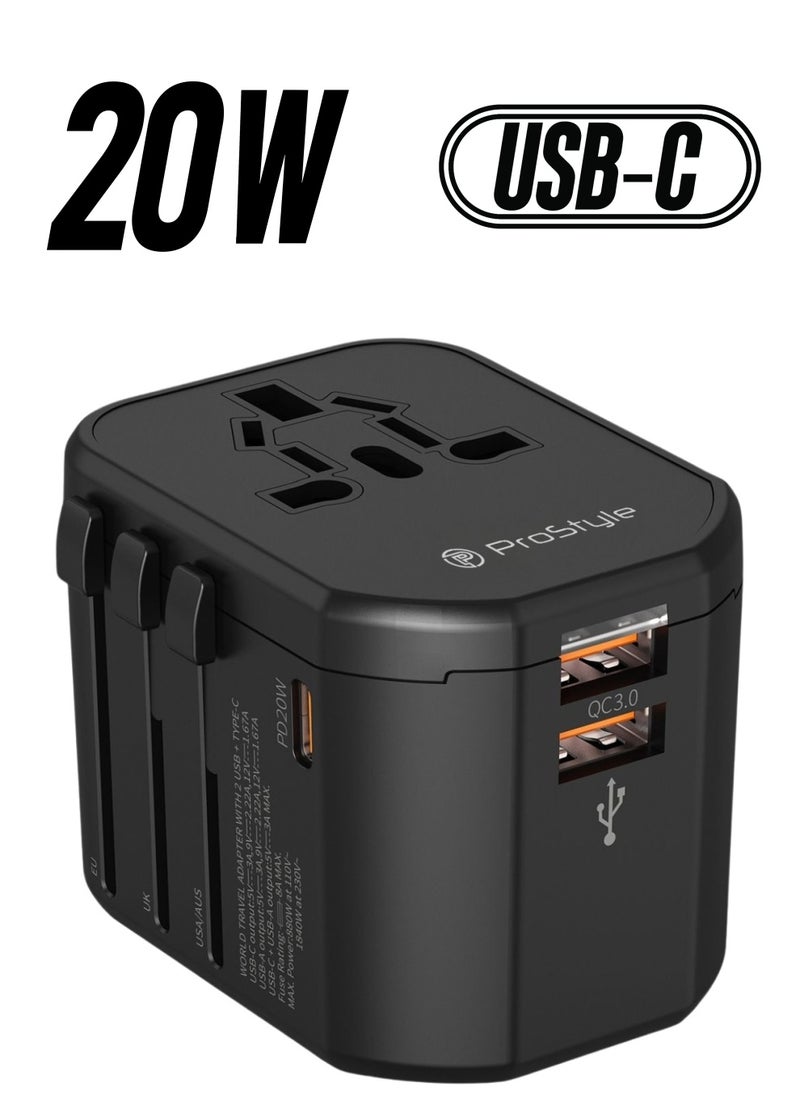 Prostyle 20W Universal Travel Adapter with Multi Sockets, 2 USB and 1 Type C Ports compatible for More than 150 countries - Black  - Image 1