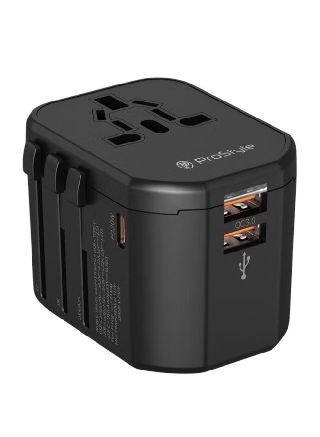 Prostyle 20W Universal International Travel Adapter 4 in 1 Multi Plug with 2 USB A and 1 USB C Ports Fast Charger Compatible in 150+ Countries for Europe USA UK AUS Asia – Black - Image 1