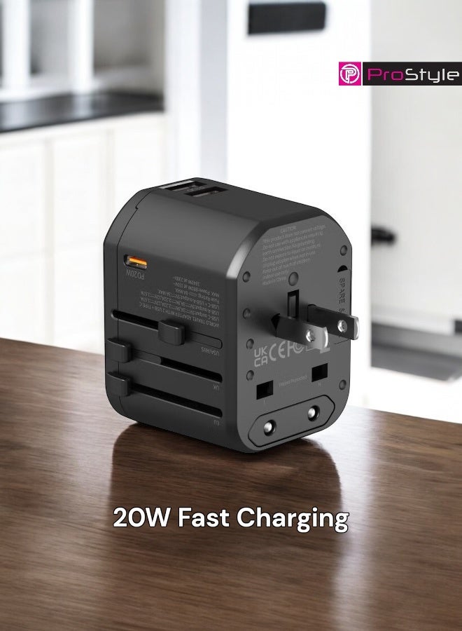 Prostyle 20W Universal International Travel Adapter 4 in 1 Multi Plug with 2 USB A and 1 USB C Ports Fast Charger Compatible in 150+ Countries for Europe USA UK AUS Asia – Black - Image 2
