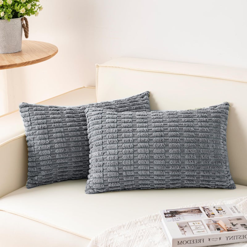 Aegero Pack of 2 Corduroy Decorative Throw Pillow Covers 12x20 InchSoft Boho Striped Pillow Covers Modern Farmhouse Home Decor for Sofa Living Room Couch Bedï¼ˆLight Greyï¼‰ - Image 1