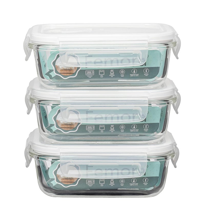 Femora Femora Borosilicate Glass Containers for Kitchen | 1 Year Warranty | Container Boxes for Storage, Storage Box for Kitchen with Air Vent Lid, Microwave Safe, Rectangular (Set of 3-400ml Each) - Image 1