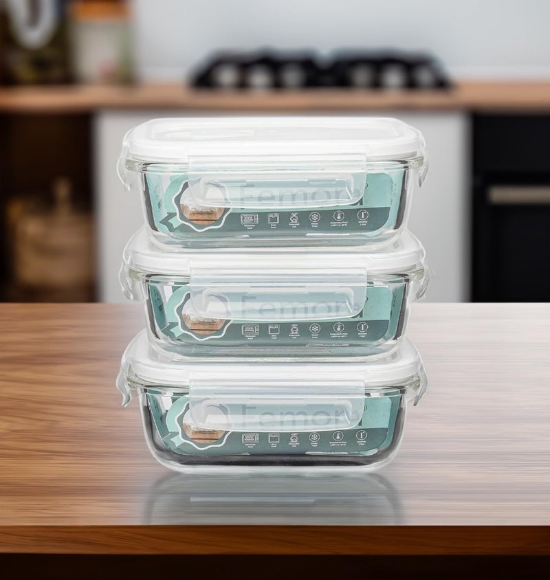 Femora Femora Borosilicate Glass Containers for Kitchen | 1 Year Warranty | Container Boxes for Storage, Storage Box for Kitchen with Air Vent Lid, Microwave Safe, Rectangular (Set of 3-400ml Each) - Image 2