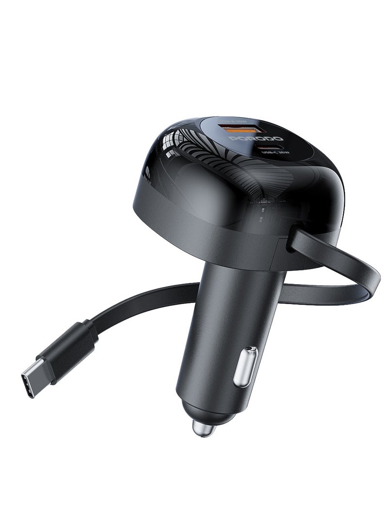 porodo Retractable Car Charger with Collapsible Type C Cables / Dual Port / Simultaneous Charging / 80cm Retractable Cable / Universal Compatibility / 47W Car Charger  - Black - Image 1