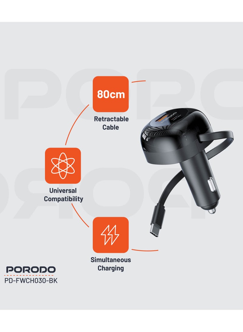 porodo Retractable Car Charger with Collapsible Type C Cables / Dual Port / Simultaneous Charging / 80cm Retractable Cable / Universal Compatibility / 47W Car Charger  - Black - Image 2