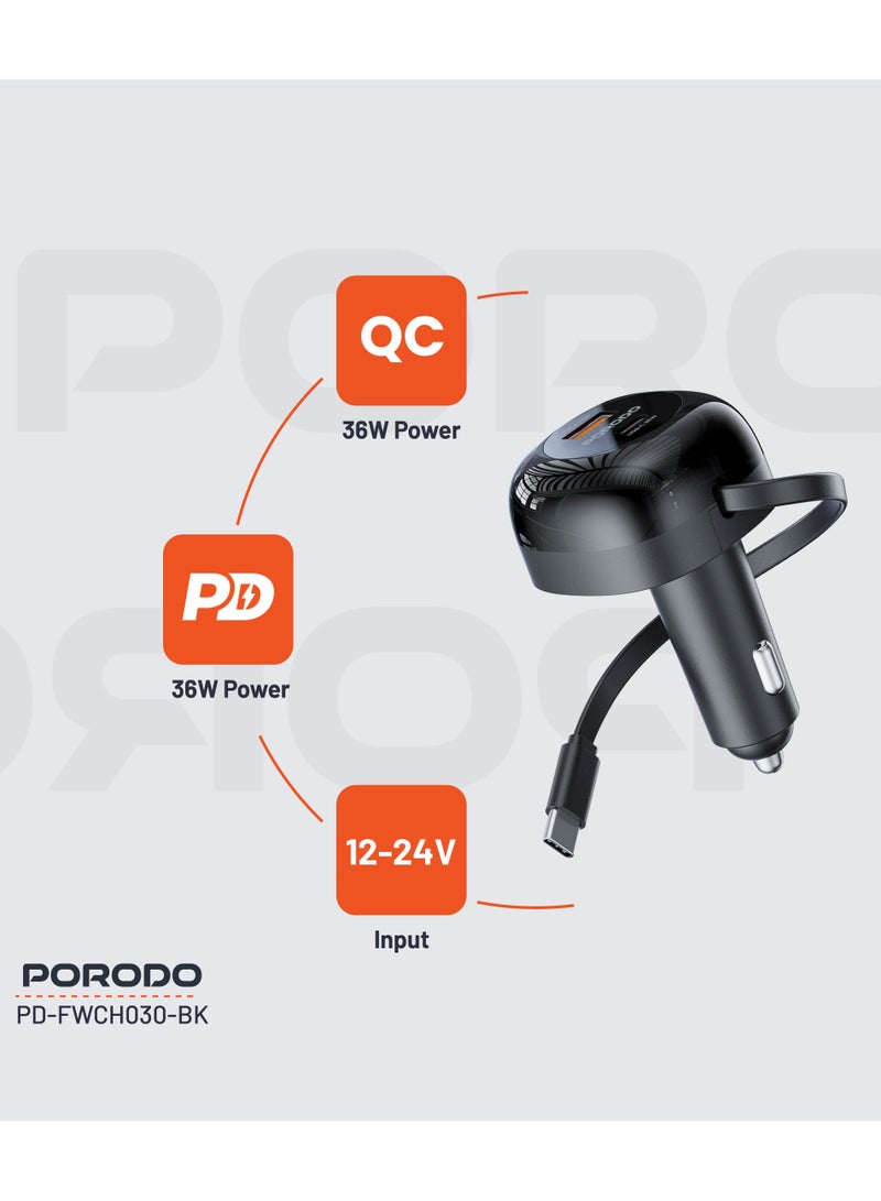 porodo Retractable Car Charger with Collapsible Type C Cables / Dual Port / Simultaneous Charging / 80cm Retractable Cable / Universal Compatibility / 47W Car Charger  - Black - Image 3