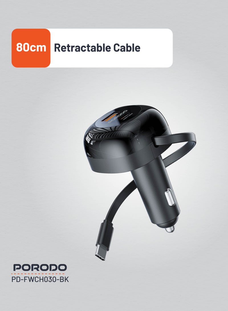 porodo Retractable Car Charger with Collapsible Type C Cables / Dual Port / Simultaneous Charging / 80cm Retractable Cable / Universal Compatibility / 47W Car Charger  - Black - Image 4