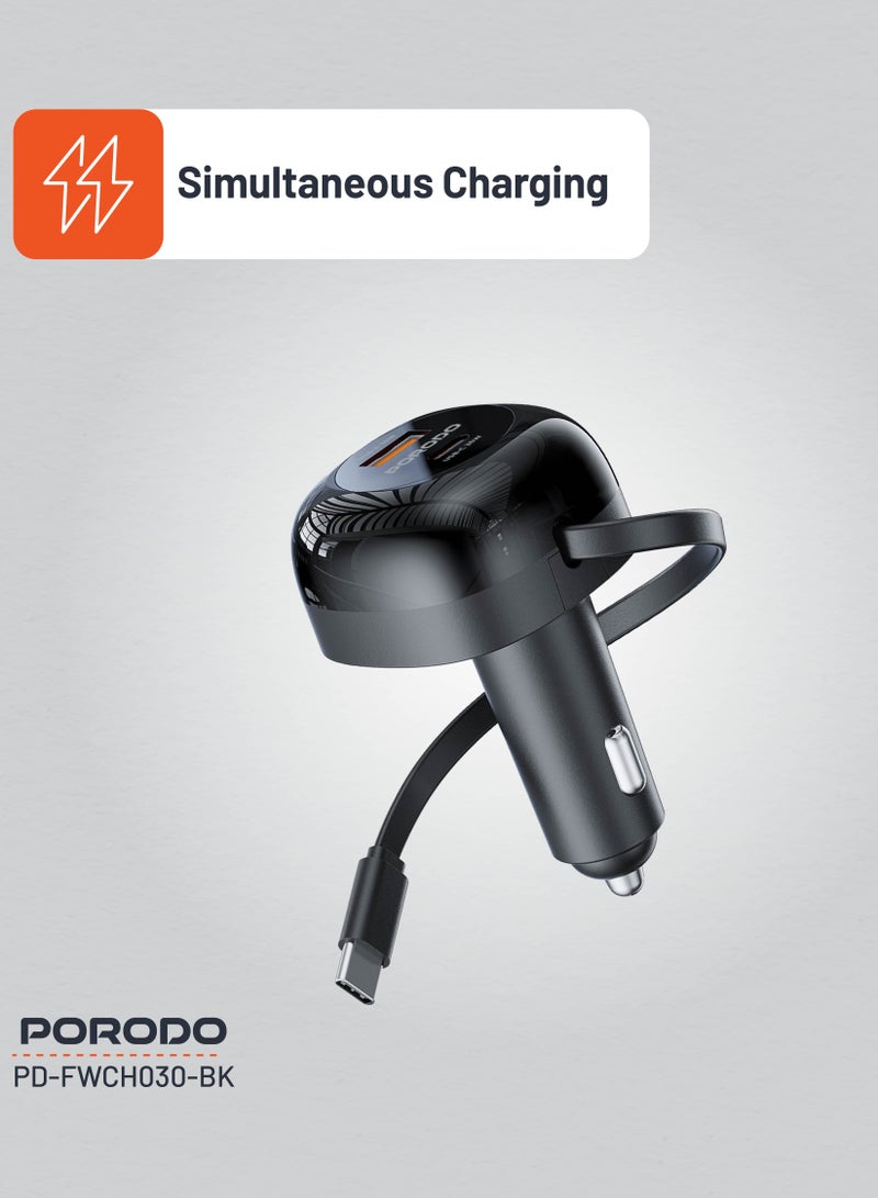porodo Retractable Car Charger with Collapsible Type C Cables / Dual Port / Simultaneous Charging / 80cm Retractable Cable / Universal Compatibility / 47W Car Charger  - Black - Image 5