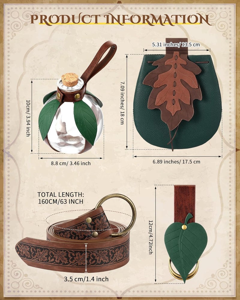6 Pcs Women Renaissance Accessories Leaf Belt Bag Medieval Viking Belt Potion Bottles Leather Belt Skirt Hikes - Image 2