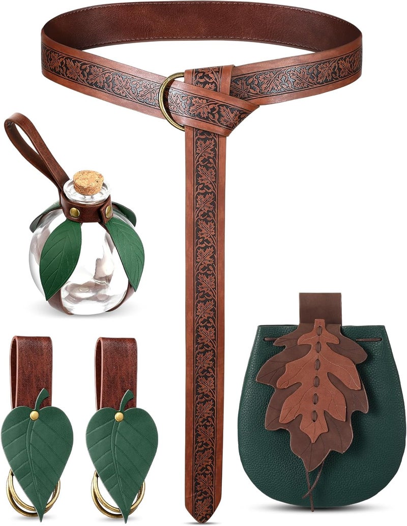6 Pcs Women Renaissance Accessories Leaf Belt Bag Medieval Viking Belt Potion Bottles Leather Belt Skirt Hikes - Image 1