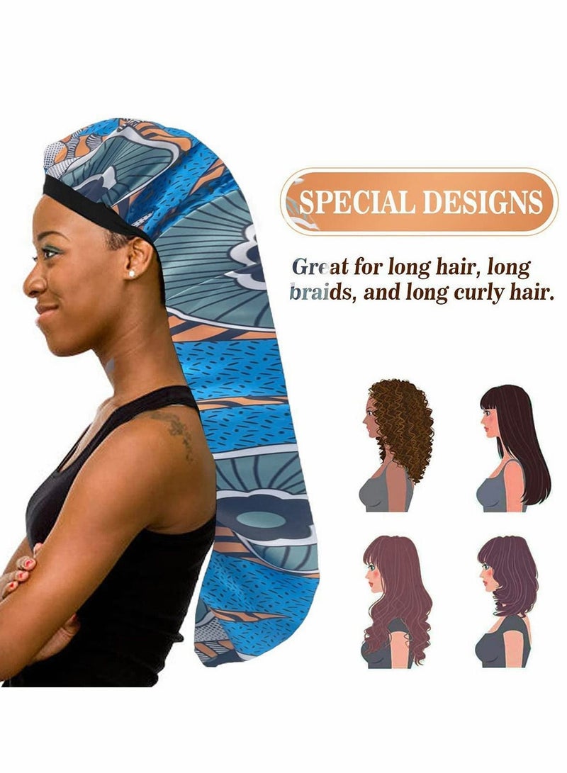 Excefore 2Pcs Long Braids Satin Bonnet,Soft Comfortable Elastic Band Silky Satin Sleep Cap Head Cover Elastic Band Sleeping Cap for Long Hair, Braids, Curly Hair, Night Sleep(Blue Flowers) - Image 2
