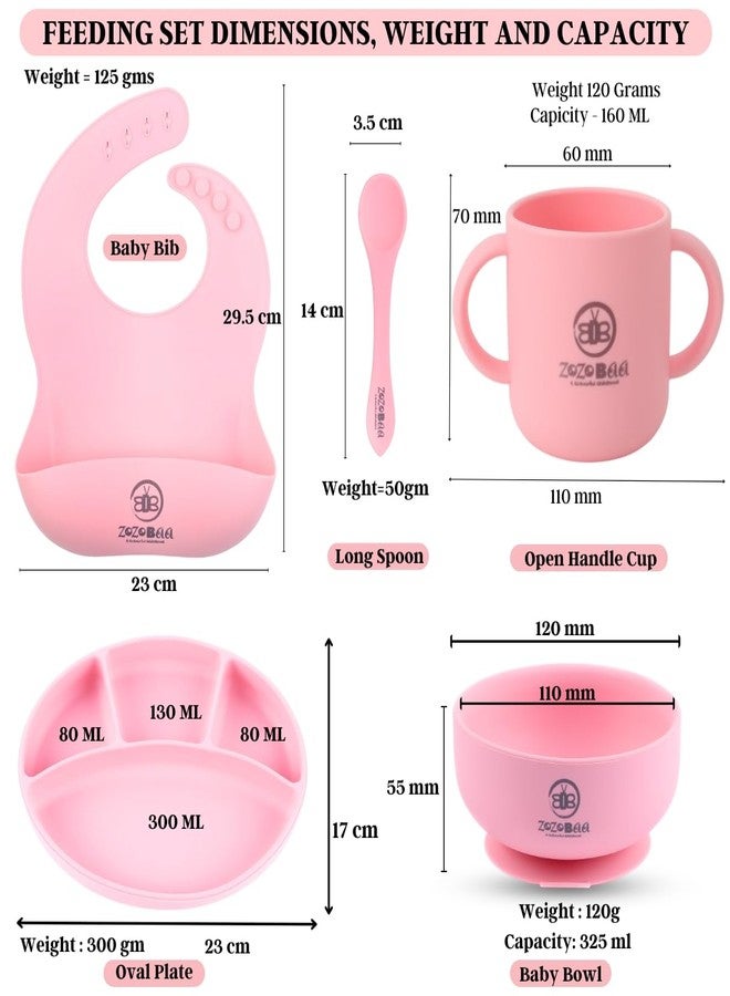 ZoZoBaa Silicone Feeding Set Including Baby Bib,Long Spoon,Open Handle Cup, Suction Base Oval Plate & Bowl for Toddler |Solid Cutlery Set|Easy Wipe Clean|Baby Weaning Sets (5 Pc), [Pink] - Image 2