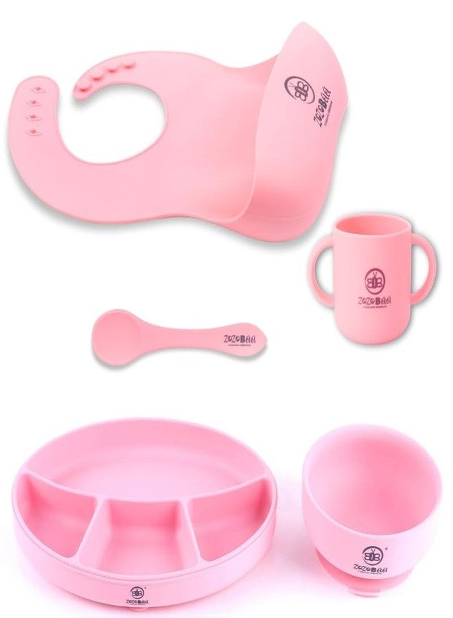 ZoZoBaa Silicone Feeding Set Including Baby Bib,Long Spoon,Open Handle Cup, Suction Base Oval Plate & Bowl for Toddler |Solid Cutlery Set|Easy Wipe Clean|Baby Weaning Sets (5 Pc), [Pink] - Image 1