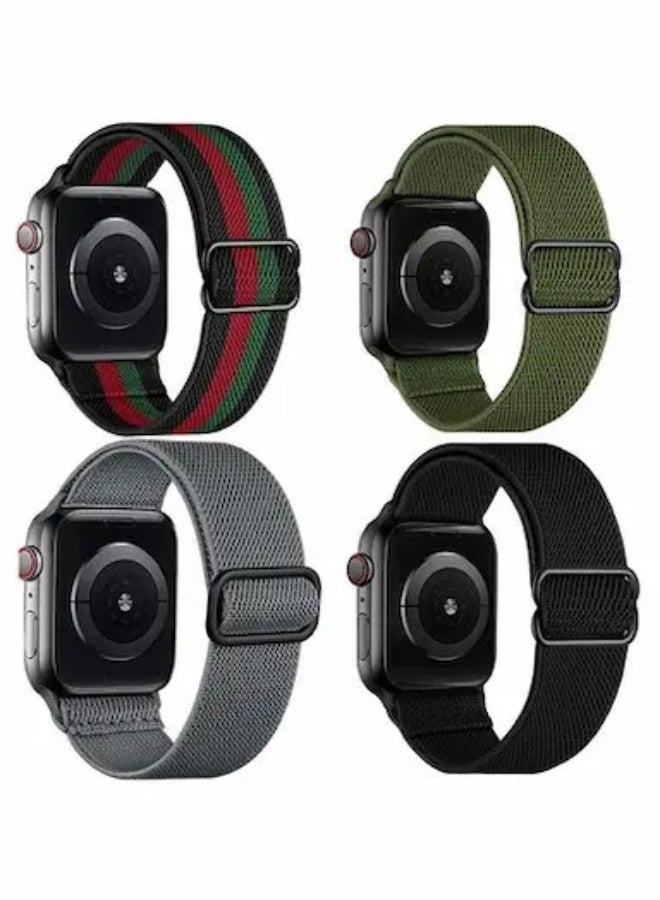 [Pack of 4] Stretchy Nylon Sport Bands For Apple Watch Series 10 | Ultra 2 | 8 Ultra | 9 | 8 | 7 | 6 , 49/46/45/44/42mm Adjustable Braided Sport Elastic Wristband - Image 1