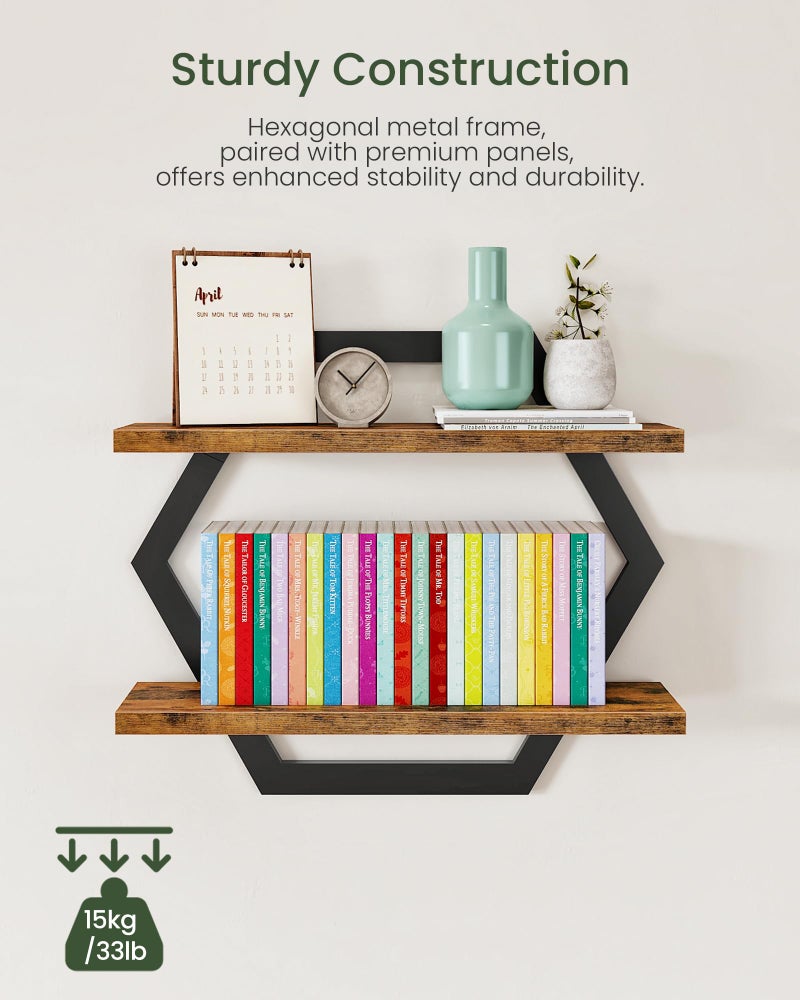 CHOEZON Hexagon Floating Shelves for Wall, Set of 2, 2 -Tier Hanging Shelves, Wall Mounted Storage Shelves, for Living Room, Bedroom, Kitchen, Home Office, Study, Rustic Brown and Black TBJ06P2BF - Image 4