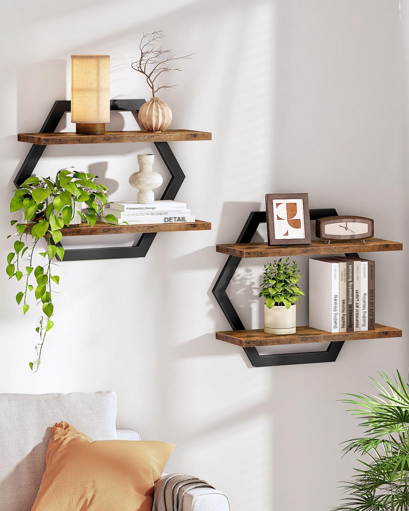 CHOEZON Hexagon Floating Shelves for Wall, Set of 2, 2 -Tier Hanging Shelves, Wall Mounted Storage Shelves, for Living Room, Bedroom, Kitchen, Home Office, Study, Rustic Brown and Black TBJ06P2BF - Image 1