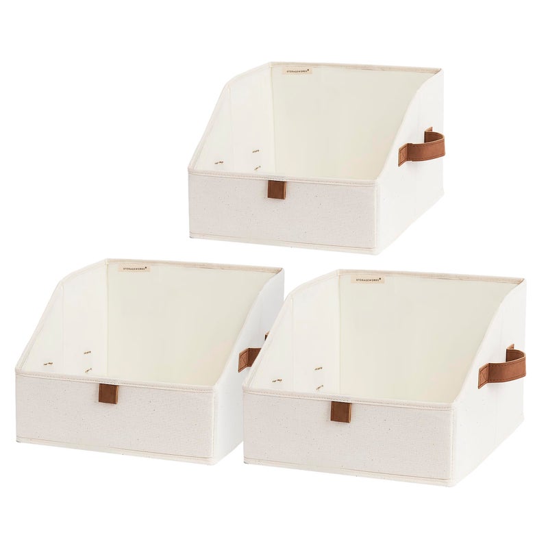 StorageWorks Closet Storage Bins Trapezoid Organizer Box for Shelves Fabric Clothes Bin Foldable Organizing Baskets with Handles Small Ivory White 3Pack
