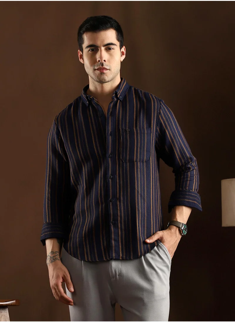 كامبوس سوترا Campus Sutra Men's Prussian Blue Multitrack-Striped Regular Shirt For Casual Wear | Spread Collar | Long Cuffed Sleeves | Button Closure | Shirt Crafted With Comfort Fit For Everyday Wear