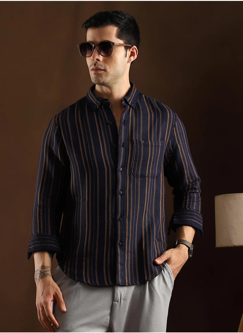 كامبوس سوترا Campus Sutra Men's Prussian Blue Multitrack-Striped Regular Shirt For Casual Wear | Spread Collar | Long Cuffed Sleeves | Button Closure | Shirt Crafted With Comfort Fit For Everyday Wear