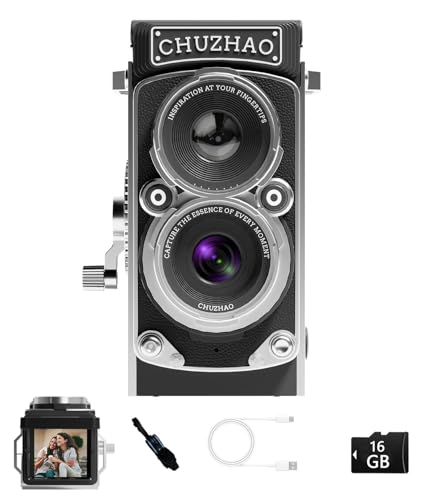 JOYTRIP CHUZHAO Vintage Mini Digital Camera, Portable TLR Style Retro Point and Shoot Compact Small Pocket 1080P FHD Video 12MP Autofocus Vlogging Camera with 16 GB Card for Beginners Teens Adults Black - Image 1