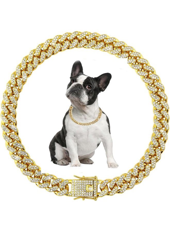 WeimoMonkey Dog Necklace, Gold Puppy Collar,Dog Chain Collars, Cuban Link Chain for Dogs Jewelry Diamond Metal Bling Choke 13mm Wide Pet for Small Medium Large Dogs Cats (8inch) - Image 1