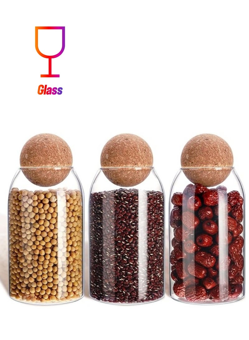 HOME ZONE 3 Pcs Cork Glass Jar Glass Bottle Sealed Jar Nut Storage Jar Coffee Bean Jar Glass Container with Ball Cork Round Glass Bottles with Cork Glass Canisters with Airtight Seal Wooden Lid (800 ML/ 27 Oz) - Image 1